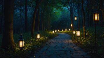 Walking Path Illuminated by Lanterns Through a Peaceful Forest at Night photo