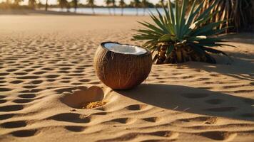 Open Coconut Resting on Sandy Beach with Palm Trees View photo