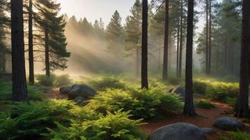 Sun Rays Illuminating a Forest Path with Ferns and Rocks photo