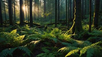 Walking Through Forest Path with Ferns and Sunlight Breaking Through Trees photo