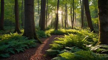 Walking Through Forest Path with Sunlight and Ferns in Spring photo
