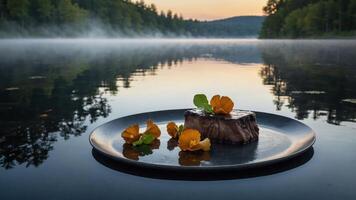 Steak on Plate Floating on Lake with Mist at Sunset photo