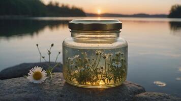 Chamomile Flowers Preserved in Jar on Rocks by a Calm Lake photo