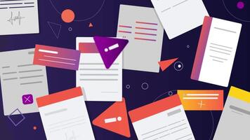 Abstract Document Illustration with Floating Papers and Colorful Geometric video