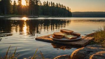 Bread with Butter at Lakeside During Sunset with Forest Background photo