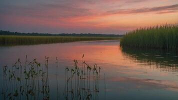 Calm River Scene at Sunset with Colorful Sky and Green Reeds photo