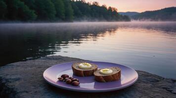 Enjoying Bread and Boiled Egg on Plate with Lake View photo