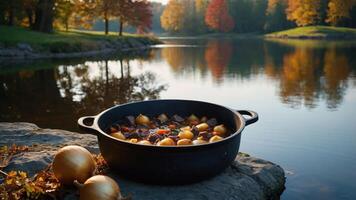 Dutch Oven Stew with Onions by Lake During Autumn Day photo