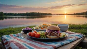 Pulled Meat Sandwich on Table by Lake at Sunset Picnic photo