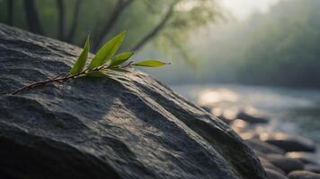 Leaf on Rock at Riverbank with Tranquil, Foggy Natural Setting photo