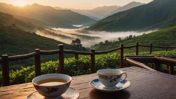 Enjoying Hot Tea with a Scenic Mountain View at Sunrise photo