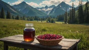 Cranberries and Juice on Table with Mountain Meadow Backdrop photo