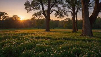 Sunrise Through Trees Over Field of Wildflowers Landscape Scenery photo