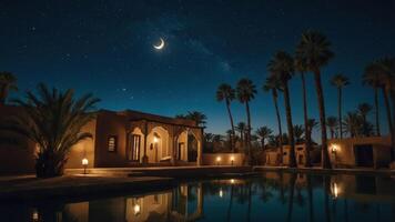 Night Sky Over Desert Building with Palm Trees Reflecting in Pool photo