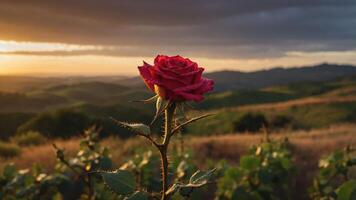Red Rose in Field with Sunset and Rolling Hills Backdrop photo