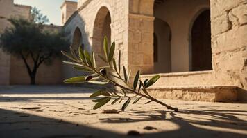 Olive Branch on Stone Ground with Mediterranean Architecture in Background photo