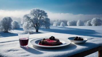 Steak and Berries with Wine Served in Snowy Winter Landscape photo