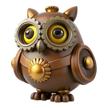 glorioso elegante steampunk coruja estatueta com intrincado engrenagem e brilhando olhos. não fundo com transparente fundo. artesão png