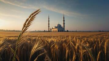 Wheat Field with Building in Background Under Blue Sky Scenery photo