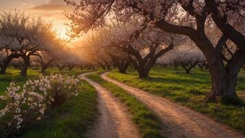 Winding Path Through Blossoming Trees at Sunset Landscape View photo