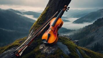 Violin and Bow Resting Near Tree on Mountain Top Scenery photo