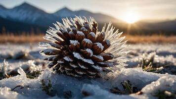 Icy Pine Cone Lying on Snow with Mountain Sunset View photo