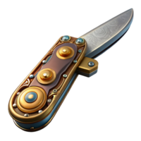 reflective enchanting Steampunk pocket knife with ornate handle and folding blade. NO BACKGROUND with Transparent Background. museum quality png