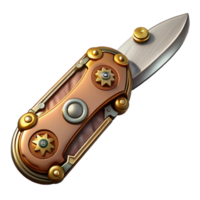 hypnotic geometric Steampunk pocket knife with ornate handle and folding blade. NO BACKGROUND with Transparent Background. handcrafted png