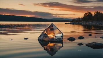 Reflecting Crystal Pyramid in Calm Lake at Dusk with Colorful Sky photo