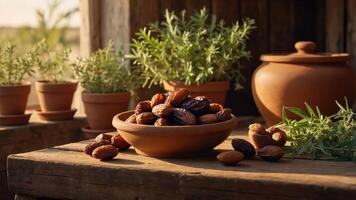 Arrangement of Dates in Bowl with Rustic Pottery and Herbs photo
