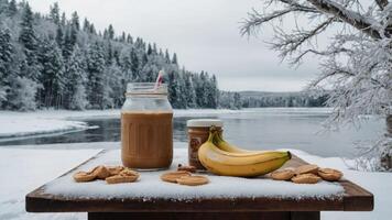 Winter Picnic with Smoothie Bananas and Cookies by a Snowy Lake photo