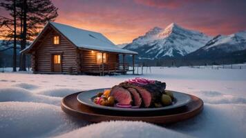 Steak Plate in Snowy Mountain Cabin Scene at Dusk photo