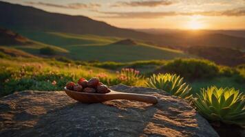 Dates in Wooden Spoon on Rock at Sunset Landscape Backdrop photo