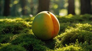 Peach Resting on Moss in a Forest Setting with Bokeh Light photo