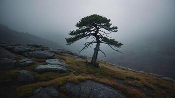 Standing Tree on Rocky Hillside Shrouded in Fog Creating Atmosphere photo