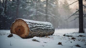 Log Covered in Snow in a Winter Forest During Snowfall photo