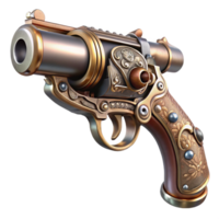 immaculate passionate modern Steampunk pistol with ornate engravings and a pearl handle. NO BACKGROUND with Transparent Background. gallery standard png