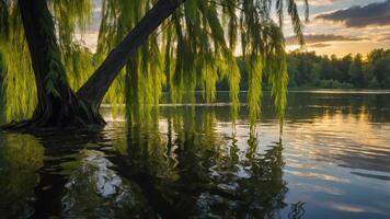 Willow Tree Reflection at Lake at Sunset in a Serene Landscape photo