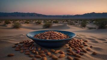 Almonds in Bowl on Desert Sand Dunes at Sunset Scene photo