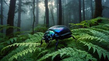 Iridescent Beetle Walking on Ferns in Misty Forest with Sunlight photo