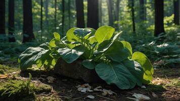 Plant Growing in Forest with Sunlight Shining Through Trees Outdoor photo