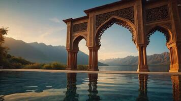 Ornate Archway Reflecting in Water with Mountain Lake Backdrop at Sunset photo