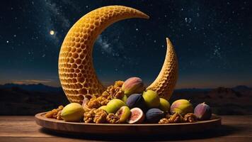 Fruit and Nuts Arrangement with Moon Shape Against Night Sky photo