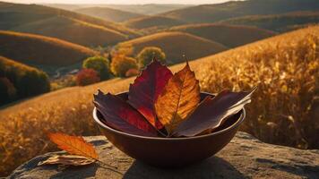 Autumn Leaves in Bowl with Rolling Hills Landscape Scenery photo