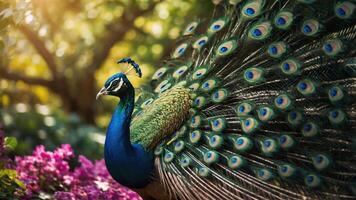 Peacock Displaying Its Colorful Feathers in a Lush Garden Setting photo