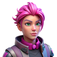 tranquil immaculate Cyberpunk character portrait with vibrant pink hair and cybernetic implants. NO BACKGROUND with Transparent Background. handcrafted png