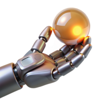 standout geometric Metallic robotic hand holding a glowing orb. NO BACKGROUND with Transparent Background. fine detail png