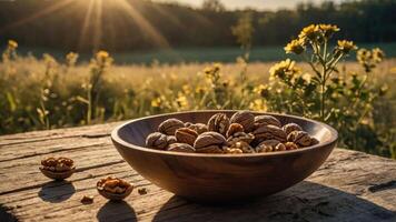 Walnuts in Wood Bowl on Rustic Table with Field Backdrop photo
