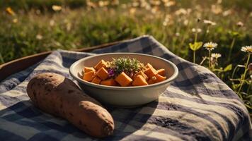 Serving of Roasted Sweet Potato Cubes with Flowers and Raw Potato photo