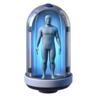 memorable coastal Cryogenic stasis pod with a visible human silhouette inside. NO BACKGROUND with Transparent Background. original png